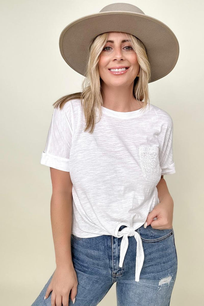 Gigio Cropped T-Shirt with Sequin Pocket and Tie Front-Blouses-Timber Brooke Boutique, Online Women's Fashion Boutique in Amarillo, Texas