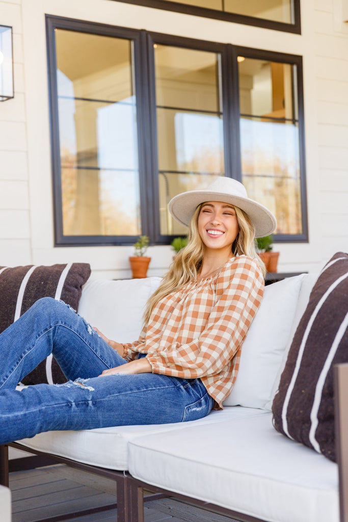 One Fine Afternoon Gingham Plaid Top In Caramel-Womens-Timber Brooke Boutique, Online Women's Fashion Boutique in Amarillo, Texas