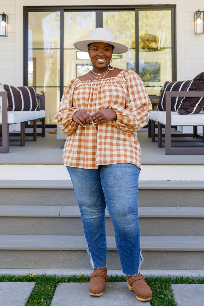 One Fine Afternoon Gingham Plaid Top In Caramel-Womens-Timber Brooke Boutique, Online Women's Fashion Boutique in Amarillo, Texas