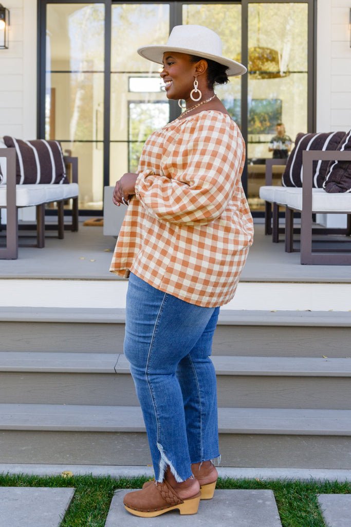 One Fine Afternoon Gingham Plaid Top In Caramel-Womens-Timber Brooke Boutique, Online Women's Fashion Boutique in Amarillo, Texas