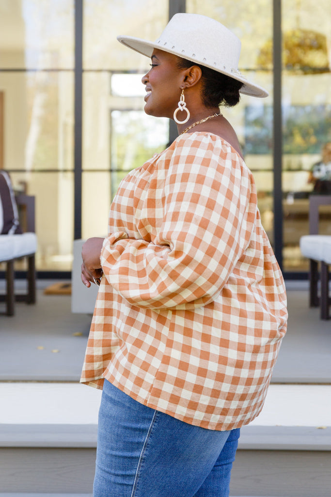 One Fine Afternoon Gingham Plaid Top In Caramel-Womens-Timber Brooke Boutique, Online Women's Fashion Boutique in Amarillo, Texas