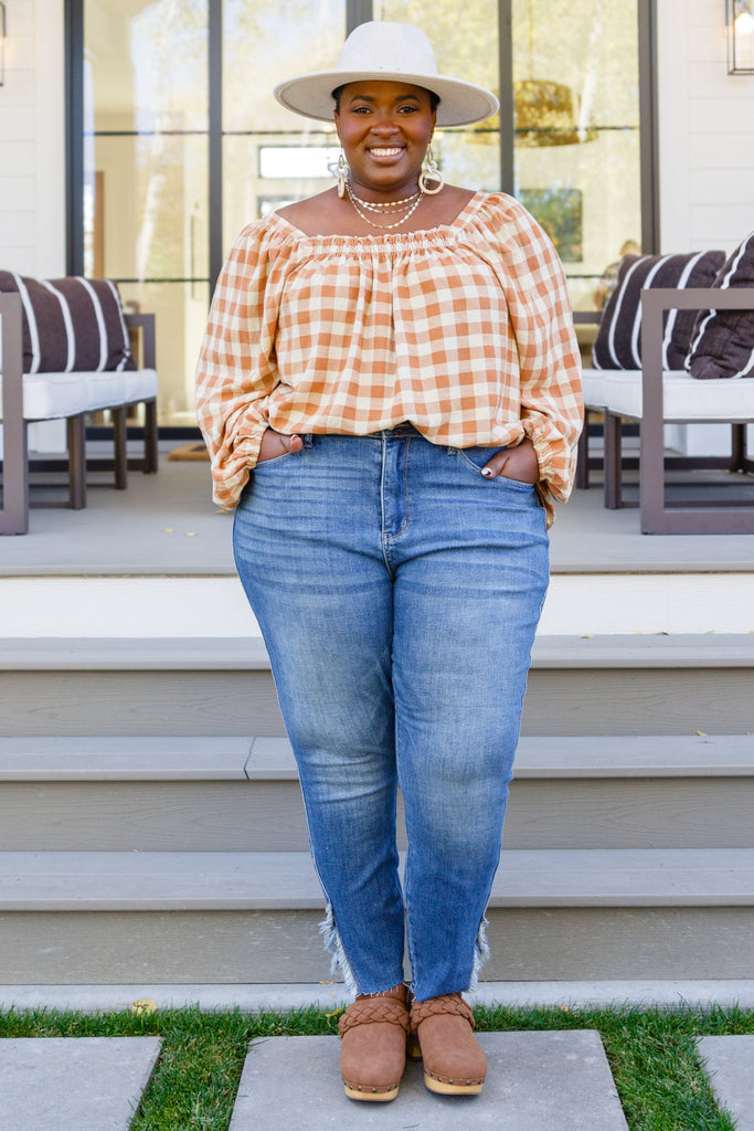 One Fine Afternoon Gingham Plaid Top In Caramel-Womens-Timber Brooke Boutique, Online Women's Fashion Boutique in Amarillo, Texas