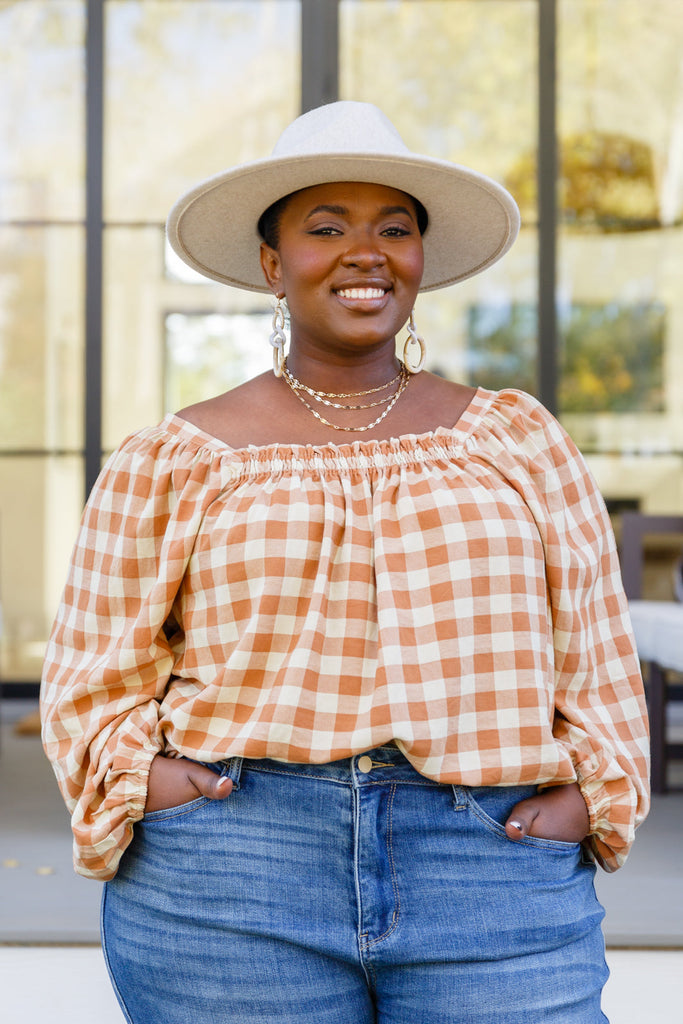 One Fine Afternoon Gingham Plaid Top In Caramel-Womens-Timber Brooke Boutique, Online Women's Fashion Boutique in Amarillo, Texas