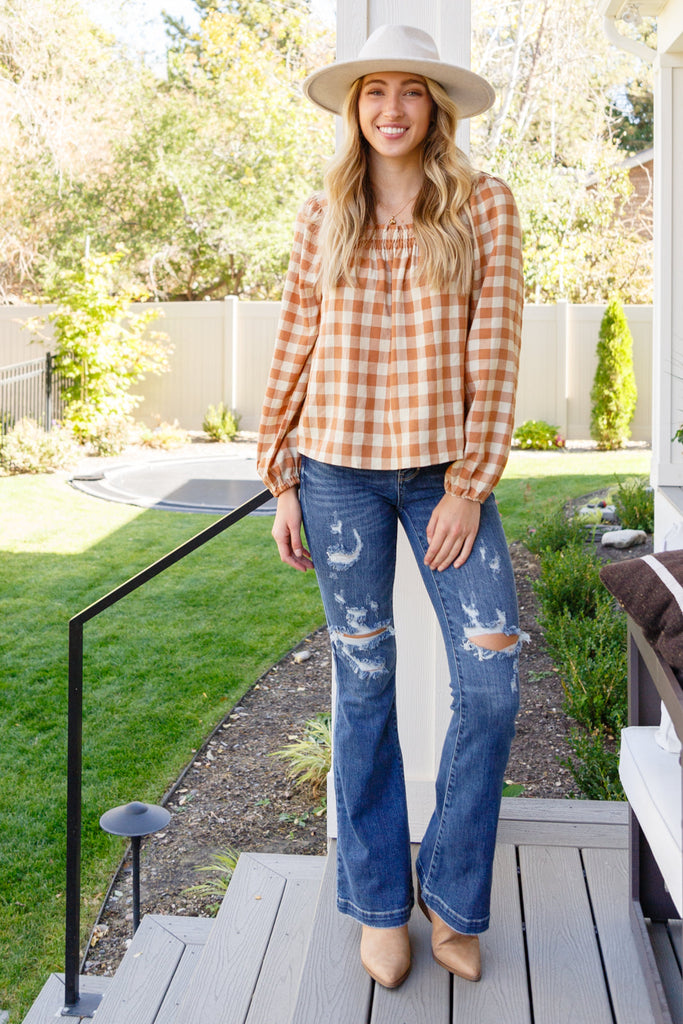 One Fine Afternoon Gingham Plaid Top In Caramel-Womens-Timber Brooke Boutique, Online Women's Fashion Boutique in Amarillo, Texas