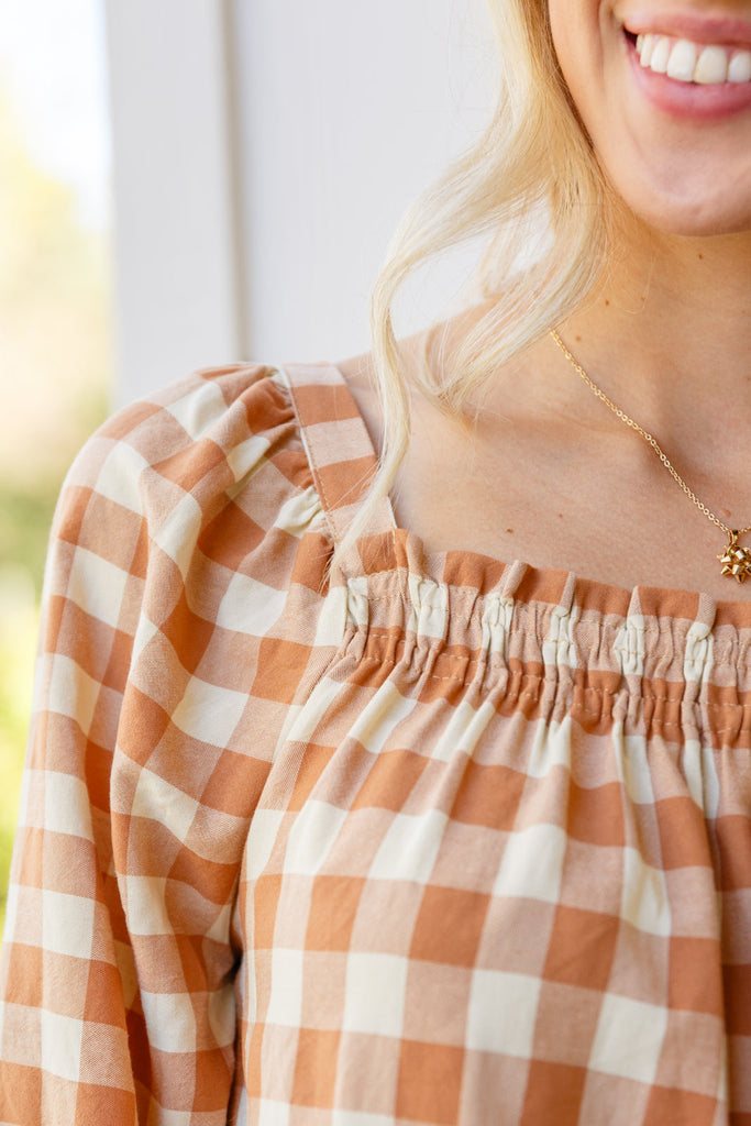 One Fine Afternoon Gingham Plaid Top In Caramel-Womens-Timber Brooke Boutique, Online Women's Fashion Boutique in Amarillo, Texas