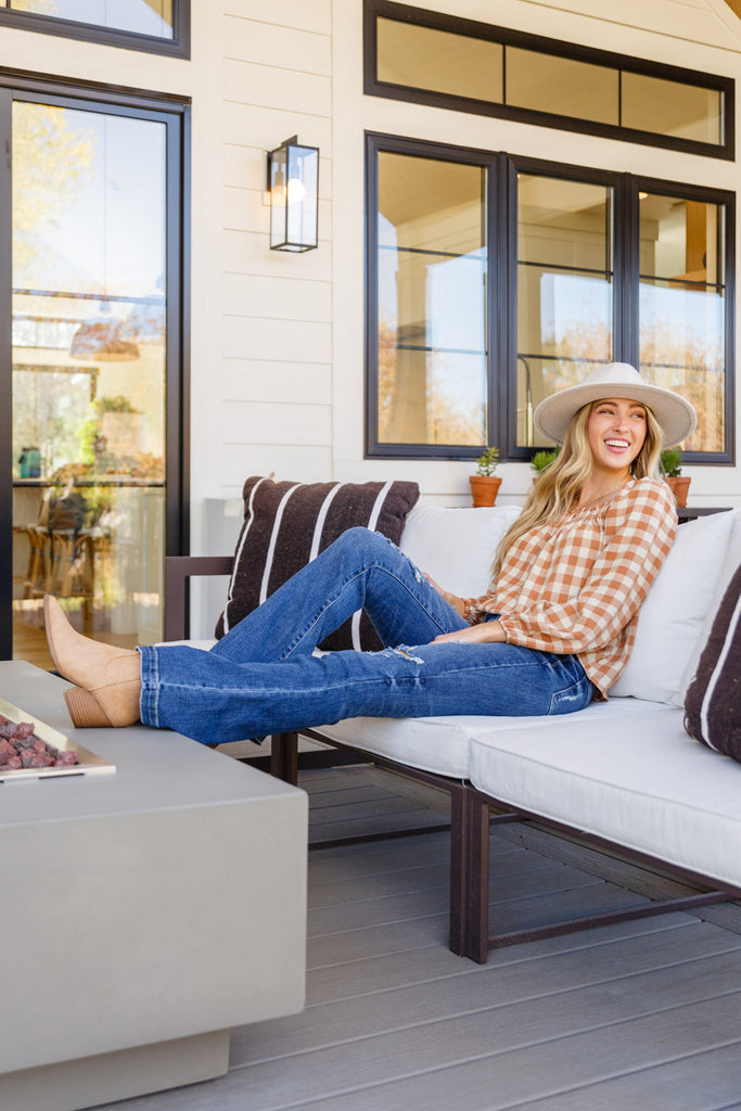 One Fine Afternoon Gingham Plaid Top In Caramel-Womens-Timber Brooke Boutique, Online Women's Fashion Boutique in Amarillo, Texas