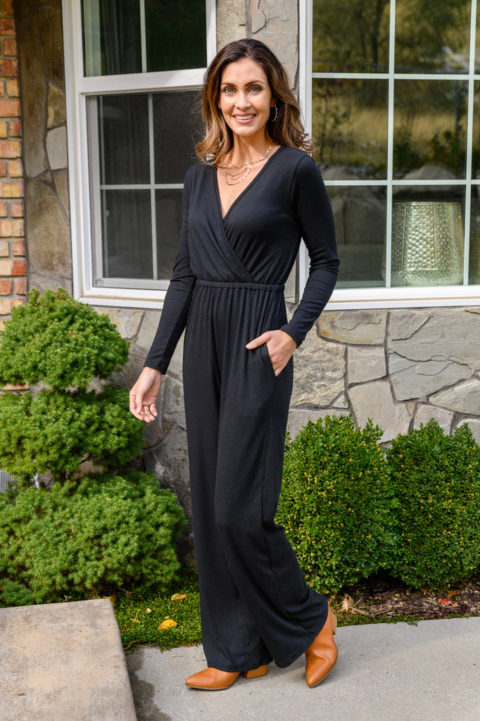 Onward & Upward Faux Wrap Jumpsuit In Black-Womens-Timber Brooke Boutique, Online Women's Fashion Boutique in Amarillo, Texas