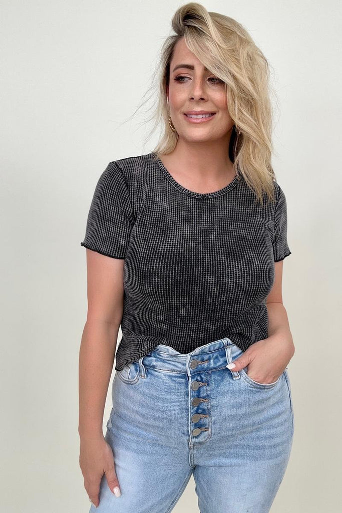 BiBi Mineral Washed Lettuce Hem Knit Top-T-shirts-Timber Brooke Boutique, Online Women's Fashion Boutique in Amarillo, Texas