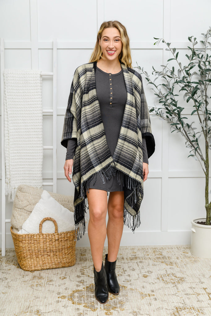 Plaid Fringe Trimmed Open Poncho in Black-Womens-Timber Brooke Boutique, Online Women's Fashion Boutique in Amarillo, Texas