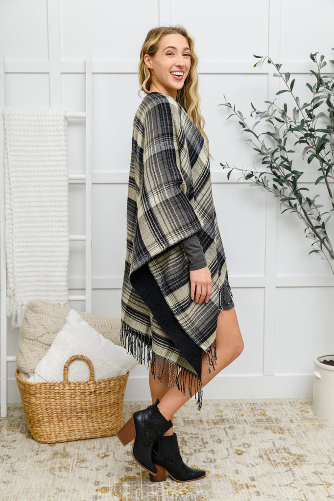 Plaid Fringe Trimmed Open Poncho in Black-Womens-Timber Brooke Boutique, Online Women's Fashion Boutique in Amarillo, Texas