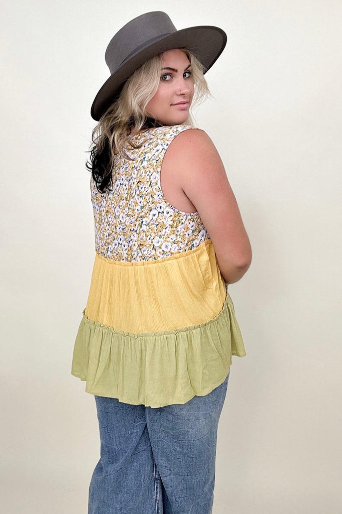 Gigio Floral Color Block Tiered V-Neck Top-Blouses-Timber Brooke Boutique, Online Women's Fashion Boutique in Amarillo, Texas