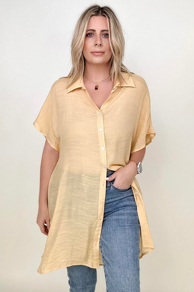 Gigio Solid Button Down Loose Fit Gauzy Tunic-Blouses-Timber Brooke Boutique, Online Women's Fashion Boutique in Amarillo, Texas