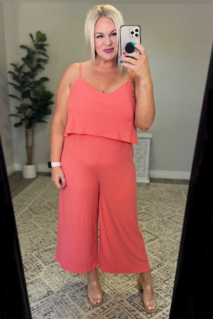 Ribbed Double Layer Jumpsuit in Deep Coral-Womens-Timber Brooke Boutique, Online Women's Fashion Boutique in Amarillo, Texas
