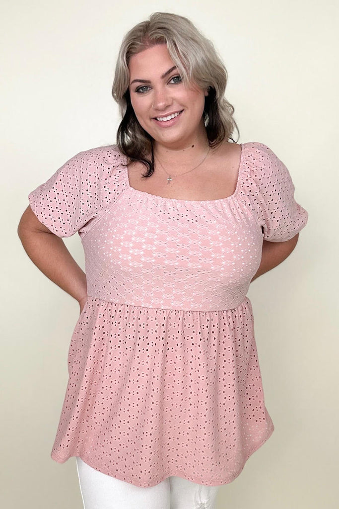 Haptics Babydoll Puff Short Sleeve Eyelet Top-Blouses-Timber Brooke Boutique, Online Women's Fashion Boutique in Amarillo, Texas