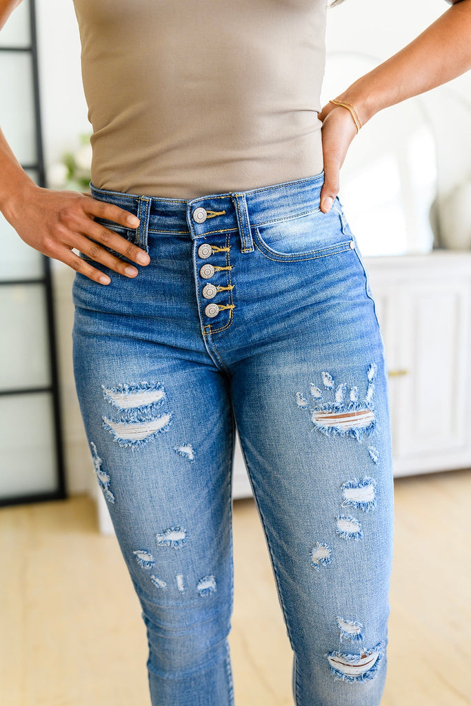 Skye Destroyed Button Fly Skinny-Denim-Timber Brooke Boutique, Online Women's Fashion Boutique in Amarillo, Texas