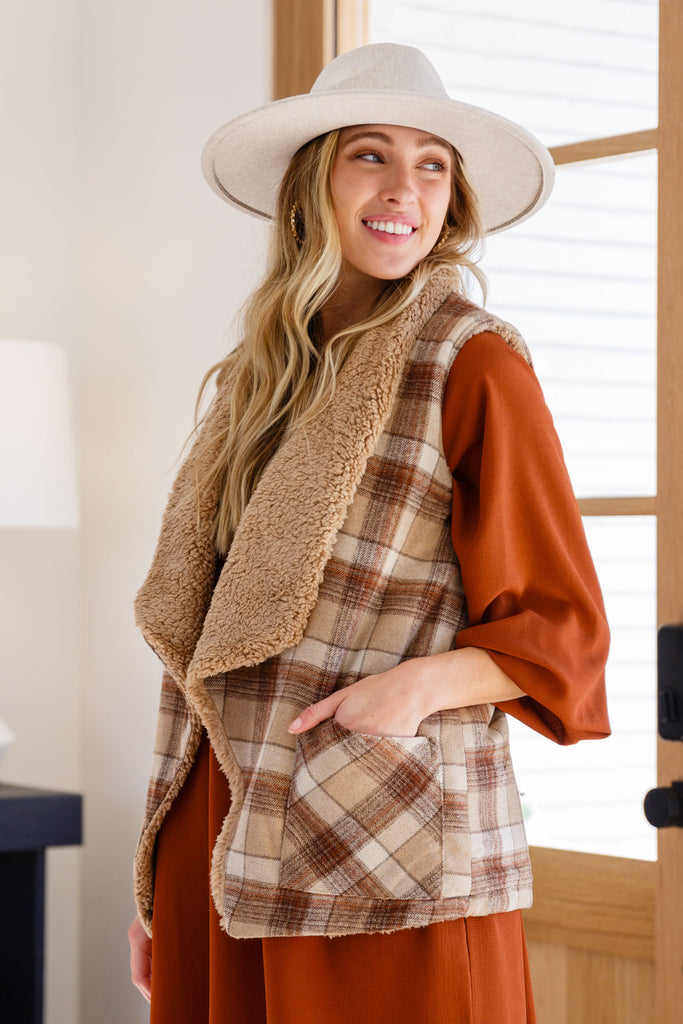 Snug And Stylish Plaid Fur Lined Wide Collar Vest-Womens-Timber Brooke Boutique, Online Women's Fashion Boutique in Amarillo, Texas