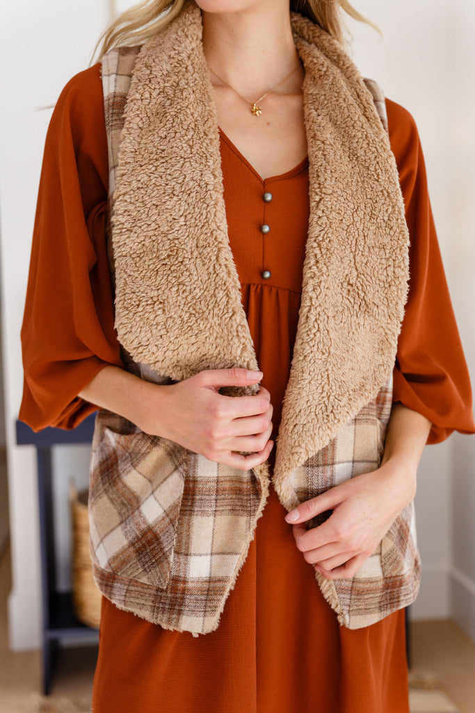 Snug And Stylish Plaid Fur Lined Wide Collar Vest-Womens-Timber Brooke Boutique, Online Women's Fashion Boutique in Amarillo, Texas