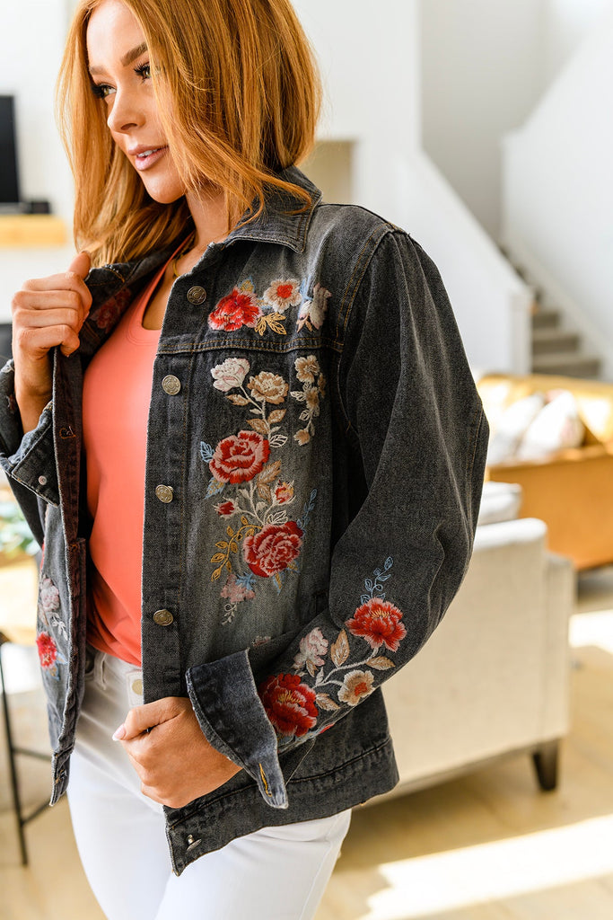 Lovely Visions Flower Embroidered Jacket-Coats & Jackets-Timber Brooke Boutique, Online Women's Fashion Boutique in Amarillo, Texas