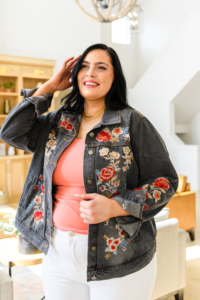 Lovely Visions Flower Embroidered Jacket-Coats & Jackets-Timber Brooke Boutique, Online Women's Fashion Boutique in Amarillo, Texas