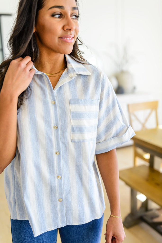Tailored to Relax Striped Button Down-Short Sleeve Top-Timber Brooke Boutique, Online Women's Fashion Boutique in Amarillo, Texas