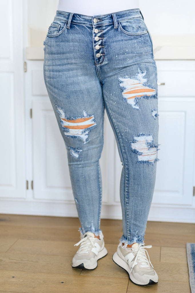 Talulla Bleach Splash Button Fly Destroyed Skinny Jeans-Womens-Timber Brooke Boutique, Online Women's Fashion Boutique in Amarillo, Texas