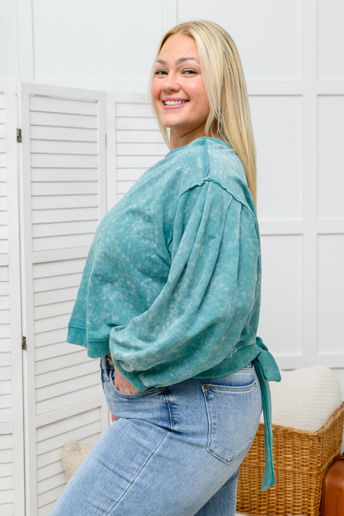 Tied Up In Cuteness Mineral Wash Sweater in Teal-Womens-Timber Brooke Boutique, Online Women's Fashion Boutique in Amarillo, Texas
