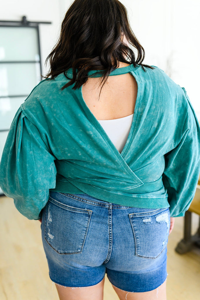 Tied Up In Cuteness Mineral Wash Sweater in Teal-Sweaters-Timber Brooke Boutique, Online Women's Fashion Boutique in Amarillo, Texas