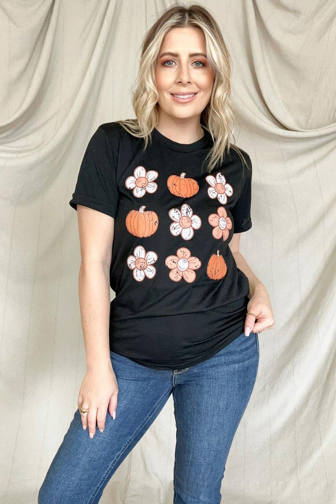 Pumpkin Flower Print Graphic Tee-T-shirts-Timber Brooke Boutique, Online Women's Fashion Boutique in Amarillo, Texas