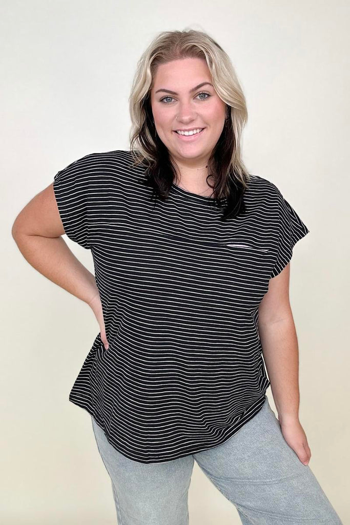 Cotton Bleu Striped Casual Top With Contrast Pocket Detailed-T-shirts-Timber Brooke Boutique, Online Women's Fashion Boutique in Amarillo, Texas