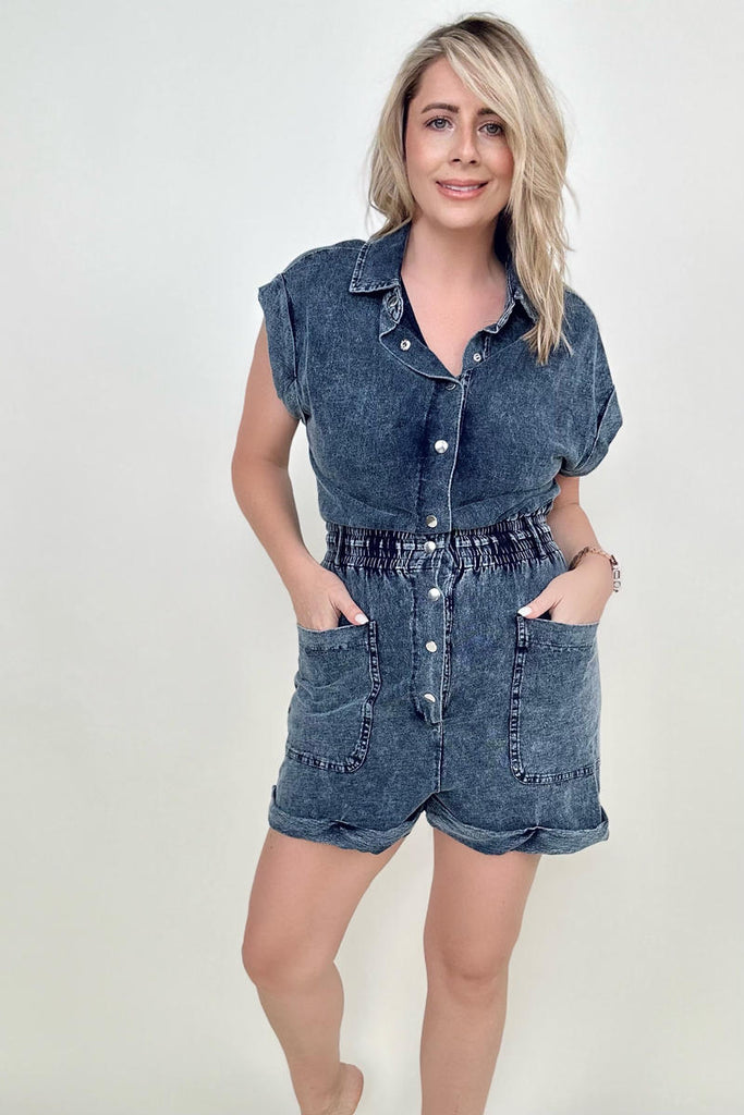 White Birch Short Sleeve Buttoned Front Woven Romper-Rompers-Timber Brooke Boutique, Online Women's Fashion Boutique in Amarillo, Texas