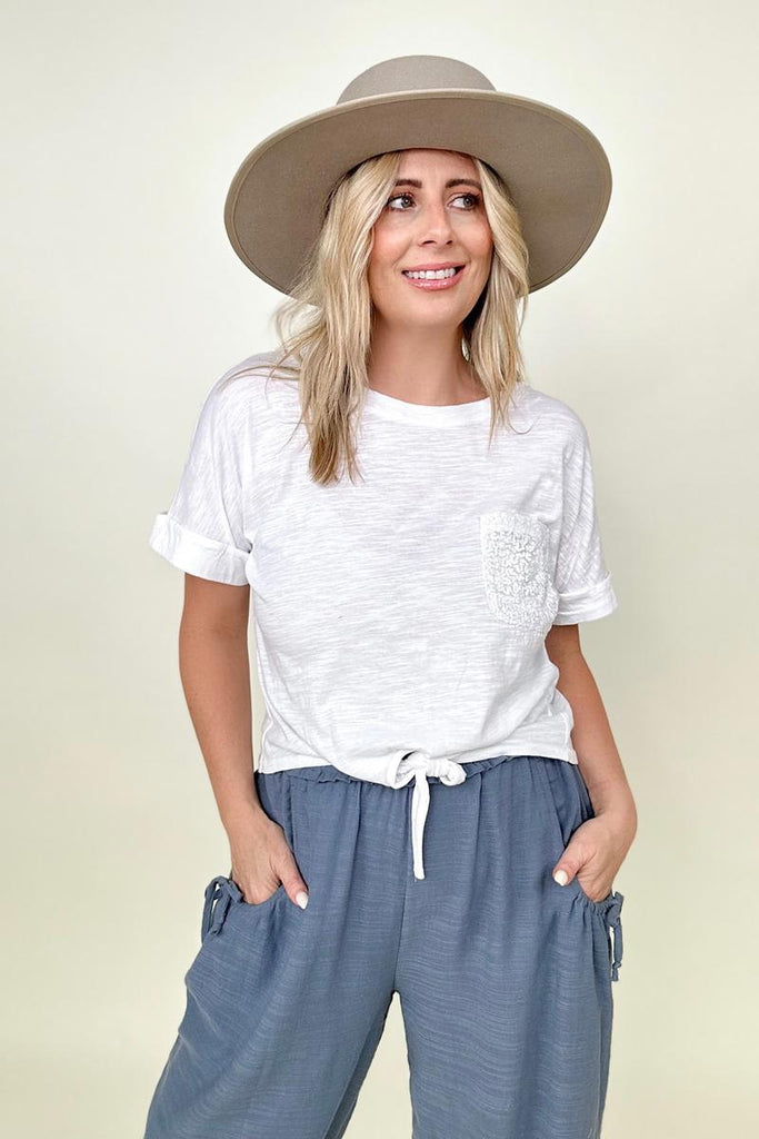Gigio Cropped T-Shirt with Sequin Pocket and Tie Front-Blouses-Timber Brooke Boutique, Online Women's Fashion Boutique in Amarillo, Texas