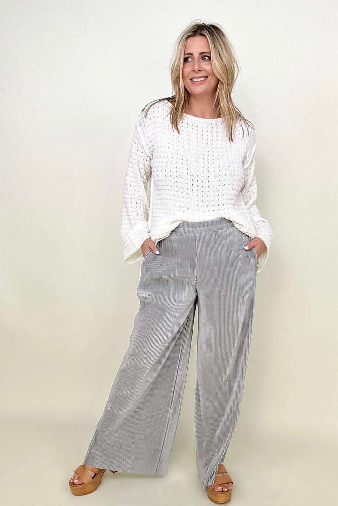 Petal Dew Satin Plisse Palazzo Pants with Pockets-Pants-Timber Brooke Boutique, Online Women's Fashion Boutique in Amarillo, Texas