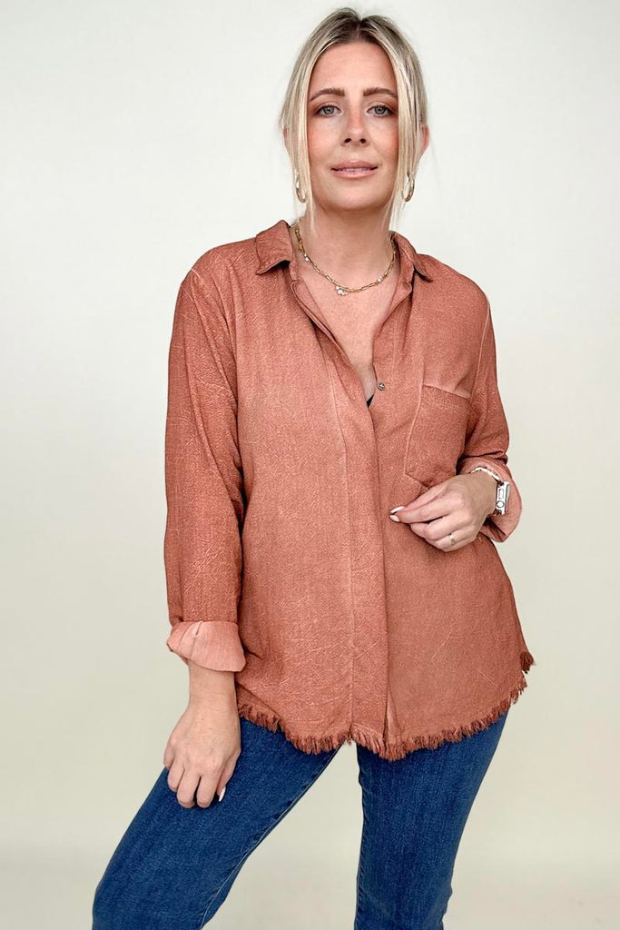 Umgee Button Down Boyfriend Shirt With Frayed Hem-Blouses-Timber Brooke Boutique, Online Women's Fashion Boutique in Amarillo, Texas