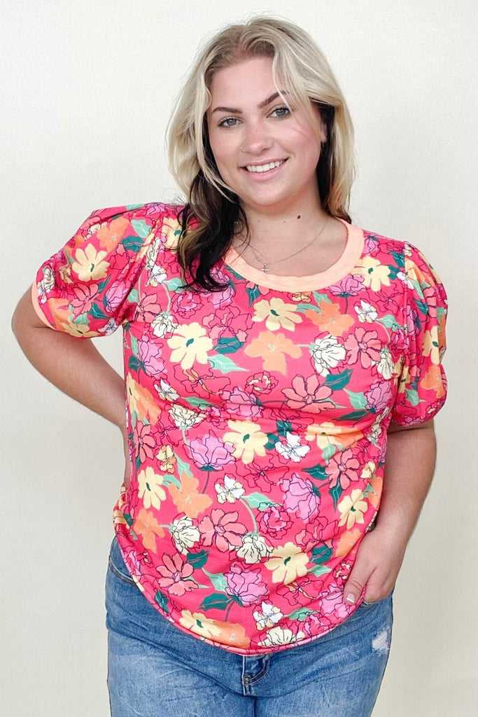 BiBi Floral Printed Jersey Knit Puff Sleeve Contrast Banded Top-Tank Tops & Camis-Timber Brooke Boutique, Online Women's Fashion Boutique in Amarillo, Texas