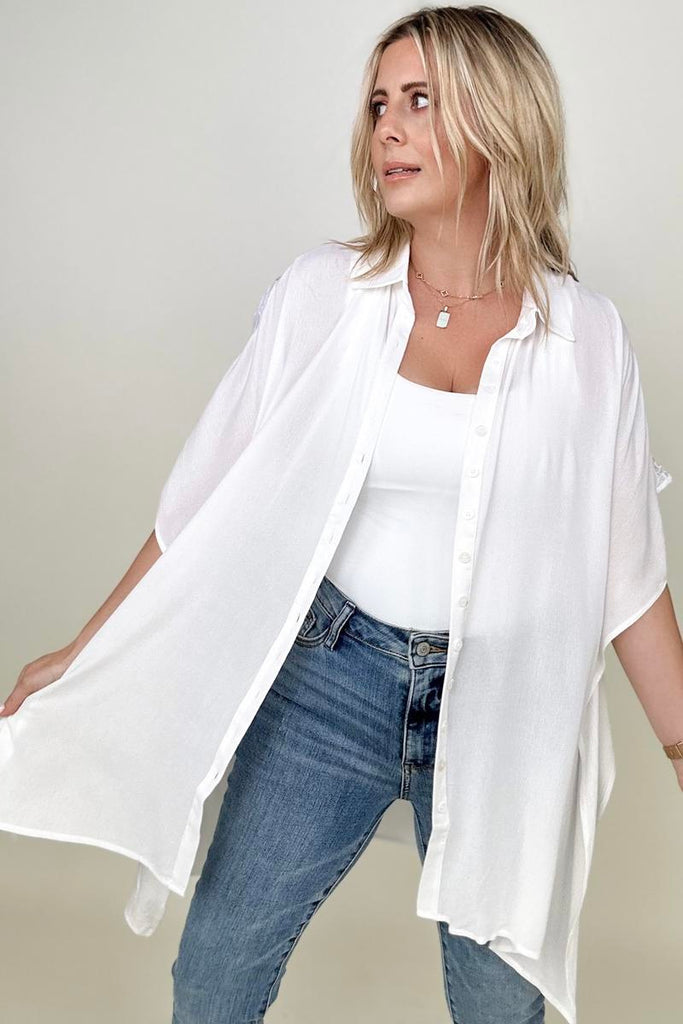 Davi & Dani Solid Button Down Short Sleeve Hi-Low Lace Loose Top-Blouses-Timber Brooke Boutique, Online Women's Fashion Boutique in Amarillo, Texas