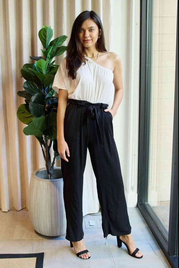 Dress Day Marvelous in Manhattan One-Shoulder Jumpsuit in White/Black-Timber Brooke Boutique, Online Women's Fashion Boutique in Amarillo, Texas
