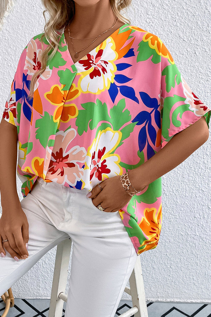 Floral Print V-Neck Short Raglan Sleeve Blouse-Timber Brooke Boutique, Online Women's Fashion Boutique in Amarillo, Texas