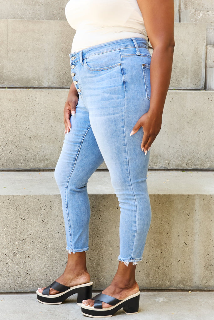 Judy Blue Full Size Button Fly Raw Hem Jeans-Timber Brooke Boutique, Online Women's Fashion Boutique in Amarillo, Texas