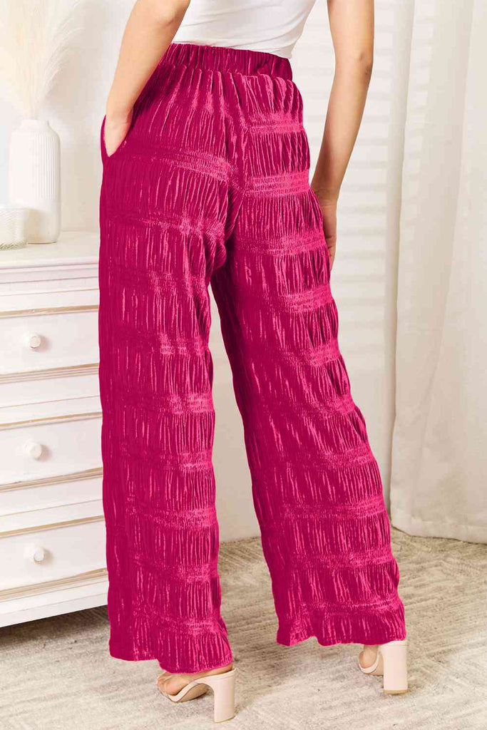 Double Take Full Size High Waist Tiered Shirring Velvet Wide Leg Pants-Timber Brooke Boutique, Online Women's Fashion Boutique in Amarillo, Texas
