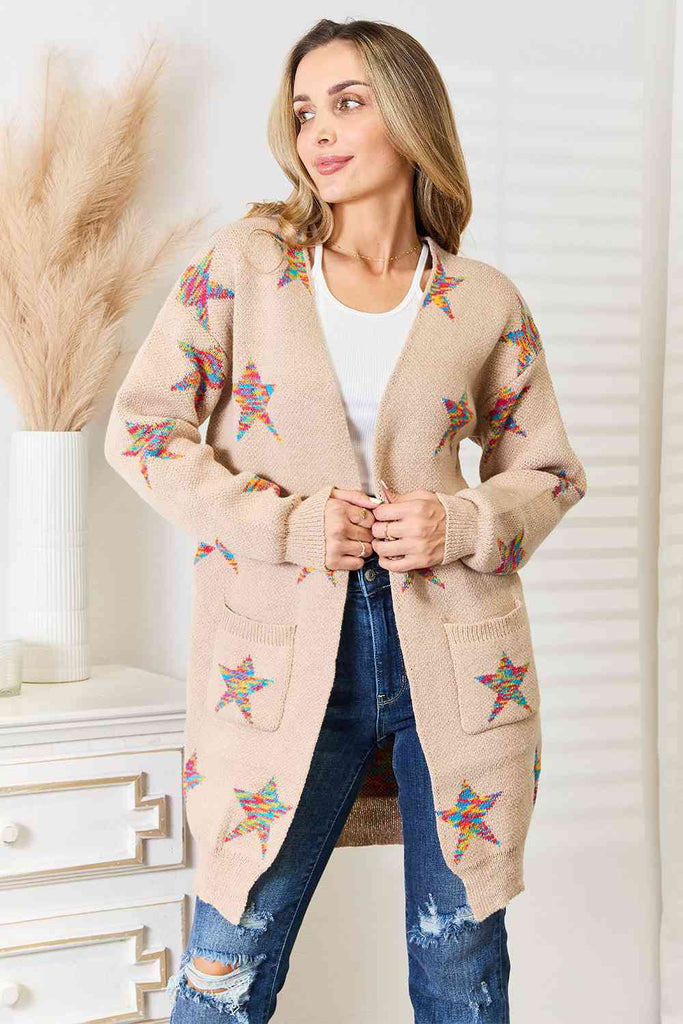 Double Take Star Pattern Open Front Longline Cardigan-Cardigans-Timber Brooke Boutique, Online Women's Fashion Boutique in Amarillo, Texas