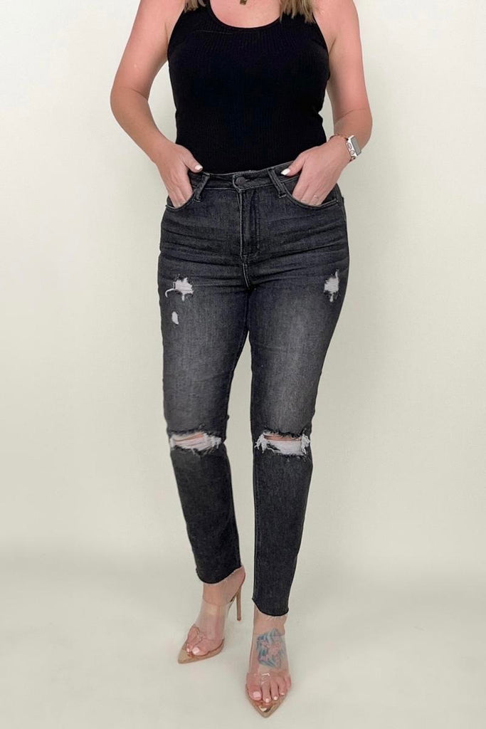 Risen High Rise Slim Straight Cropped Raw Hem Jeans-Jeans-Timber Brooke Boutique, Online Women's Fashion Boutique in Amarillo, Texas