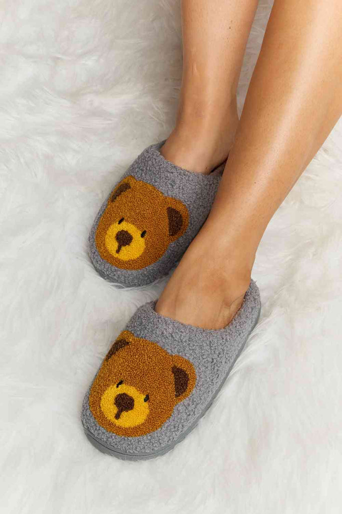 Melody Teddy Bear Print Plush Slide Slippers-Timber Brooke Boutique, Online Women's Fashion Boutique in Amarillo, Texas