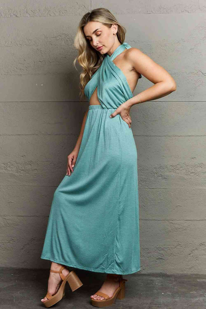 Ninexis Know Your Worth Criss Cross Halter Neck Maxi Dress-Timber Brooke Boutique, Online Women's Fashion Boutique in Amarillo, Texas