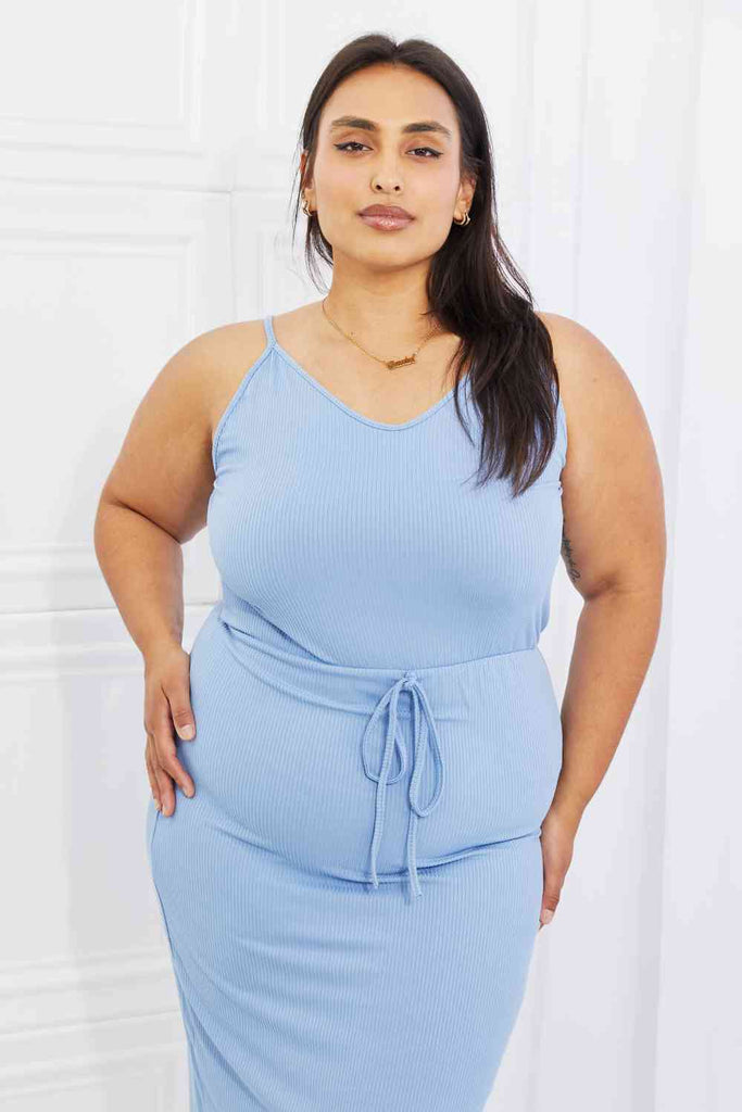 Capella Flatter Me Full Size Ribbed Front Tie Midi Dress in Pastel Blue-Timber Brooke Boutique, Online Women's Fashion Boutique in Amarillo, Texas