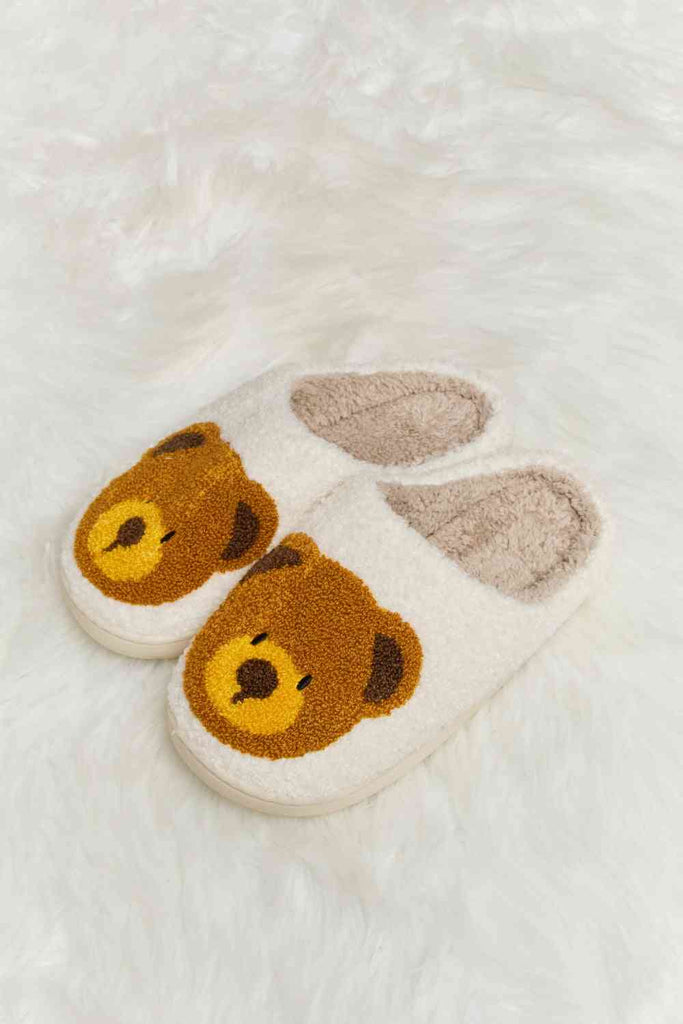 Melody Teddy Bear Print Plush Slide Slippers-Timber Brooke Boutique, Online Women's Fashion Boutique in Amarillo, Texas