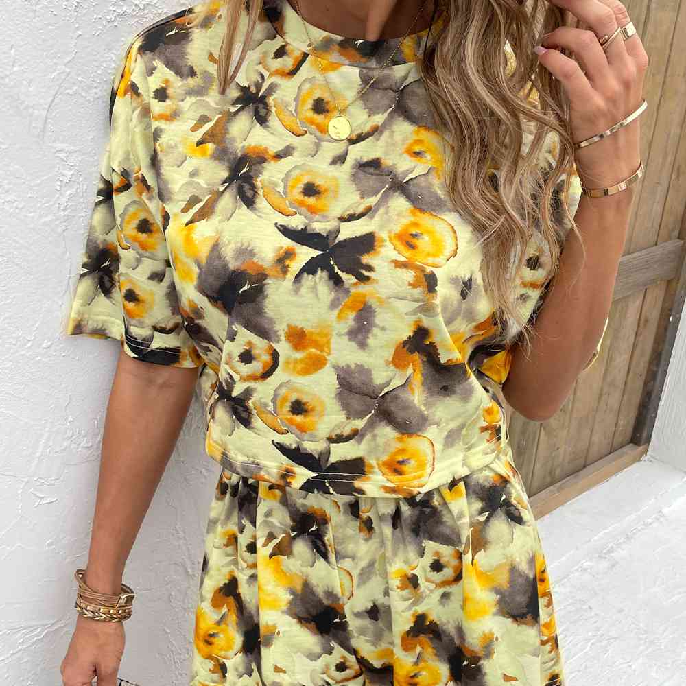 Printed Round Neck Dropped Shoulder Half Sleeve Top and Shorts Set-Timber Brooke Boutique, Online Women's Fashion Boutique in Amarillo, Texas