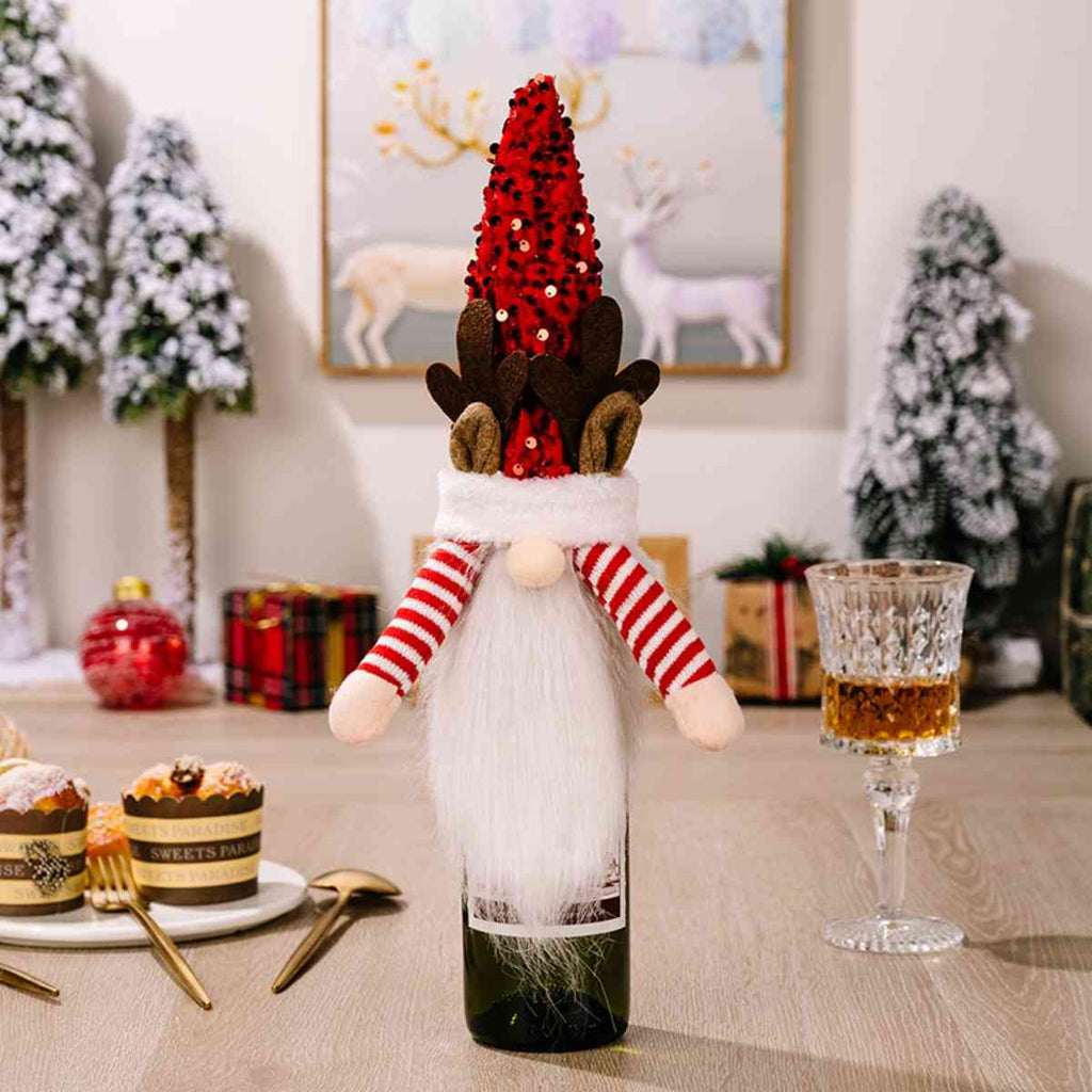 Sequin Pointed Hat Faceless Gnome Wine Bottle Cover-Timber Brooke Boutique, Online Women's Fashion Boutique in Amarillo, Texas