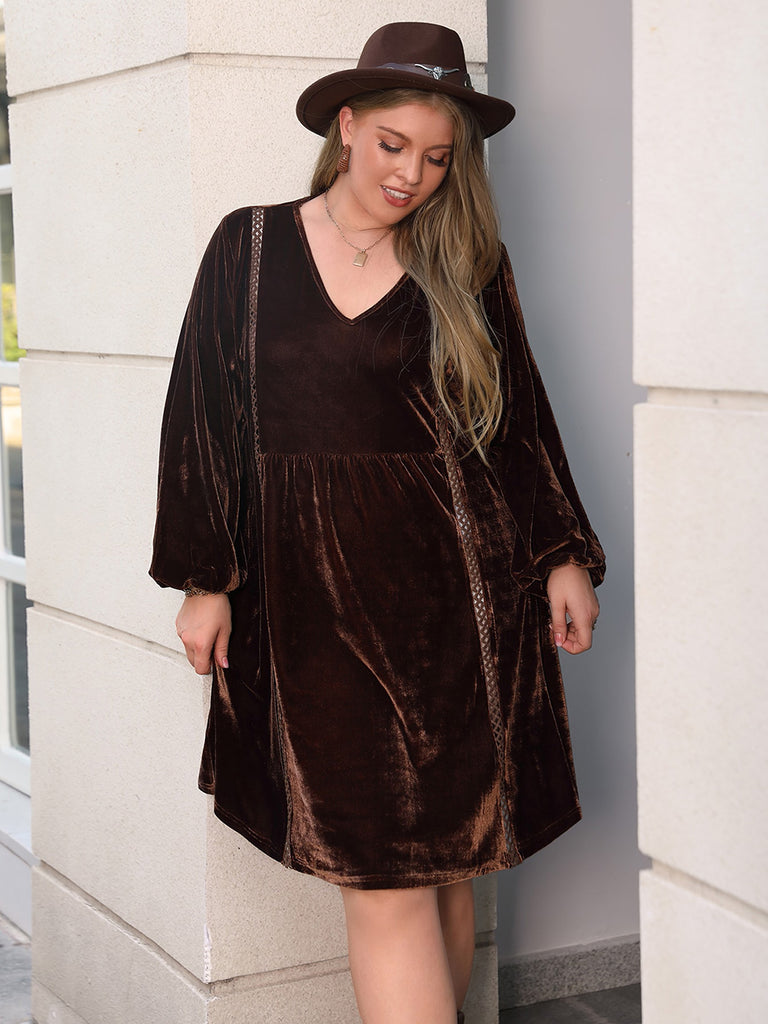 Plus Size V-Neck Balloon Sleeves Dress-Timber Brooke Boutique, Online Women's Fashion Boutique in Amarillo, Texas