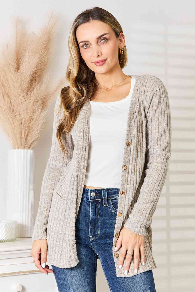 Double Take Ribbed Button-Up Cardigan with Pockets-Cardigans and Wraps-Timber Brooke Boutique, Online Women's Fashion Boutique in Amarillo, Texas