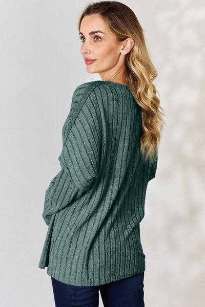 Basic Bae Full Size Ribbed Half Button Long Sleeve T-Shirt-Timber Brooke Boutique, Online Women's Fashion Boutique in Amarillo, Texas